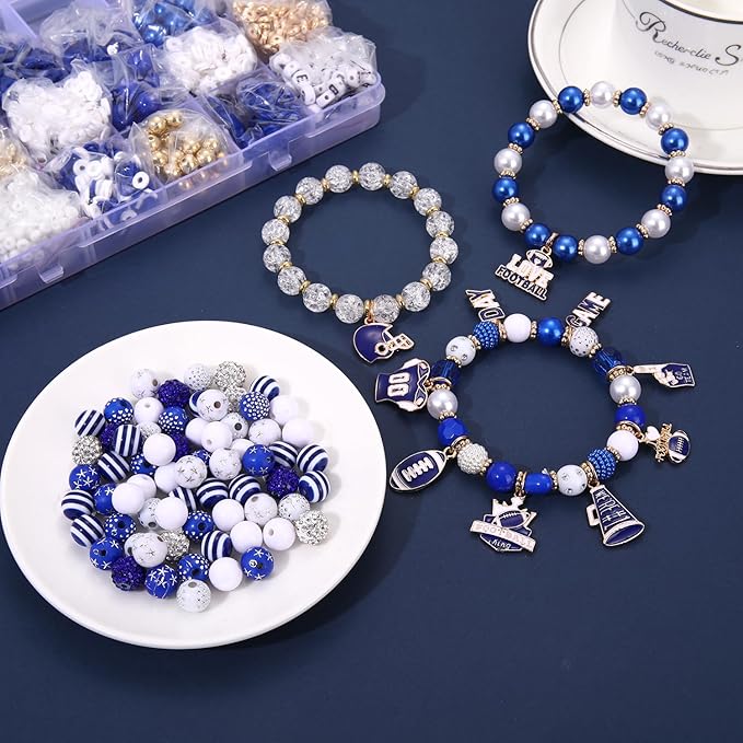 HSWE Game Day Beads Bracelet Kit Assorted Blue White Heishi Clay Pearl Letter Round Loose Beads Gold Spacer Beads with Sports Football Charms for DIY Bracelets Necklace Making