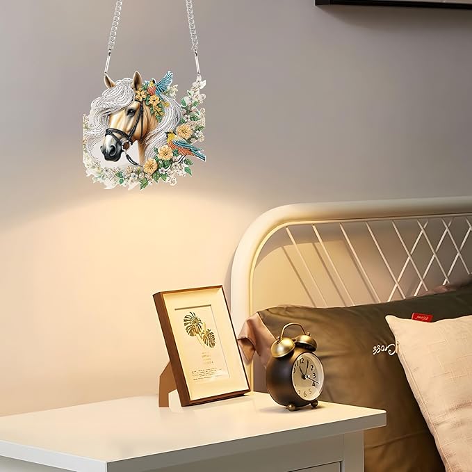 JZHYOAN Horse Diamond Painting Decorative Sign Diamond Art Hanging Kit DIY Hanging Diamonds Craft Pendant Wind Chimes with Diamonds Art Window Pendants Acrylic Pendants Crystal Arts Pendant Craft