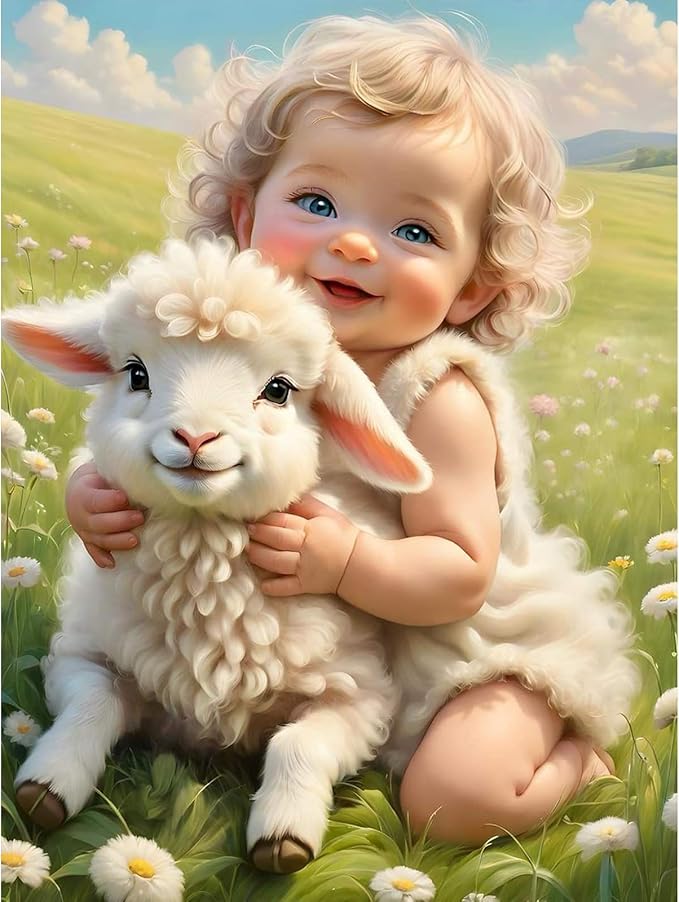 Fountor Sheep Diamond Art Kits for Adults, Cute Girl Diamond Painting Kits for Adults Beginners, DIY 5D Animal Diamond Painting with Round Gem Art Kits for Gift Home Wall Decor 12x16 Inch