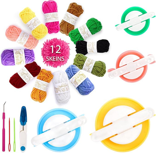 vgoodall 20pcs pom pom maker craft kit, for winter hat & scarf, with 12 colorful yarns, 4 size knitting makers, diy christmas gifts for kids & adults beginners