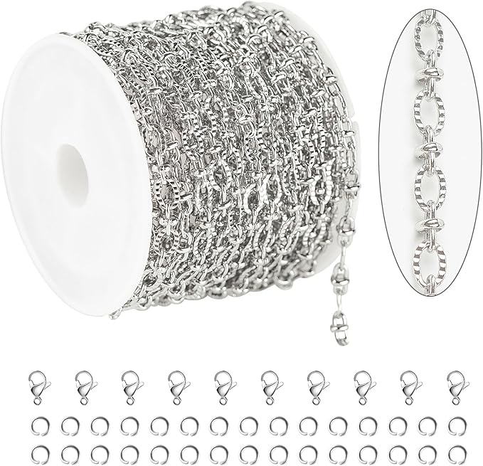 KYUNHOO 16.4 Feet Stainless Steel Chain Bulk Dainty Embossed Oval Cable Link Chain Roll Silver Jewelry Making Chains for Women Men DIY with Jump Rings Lobster Clasps