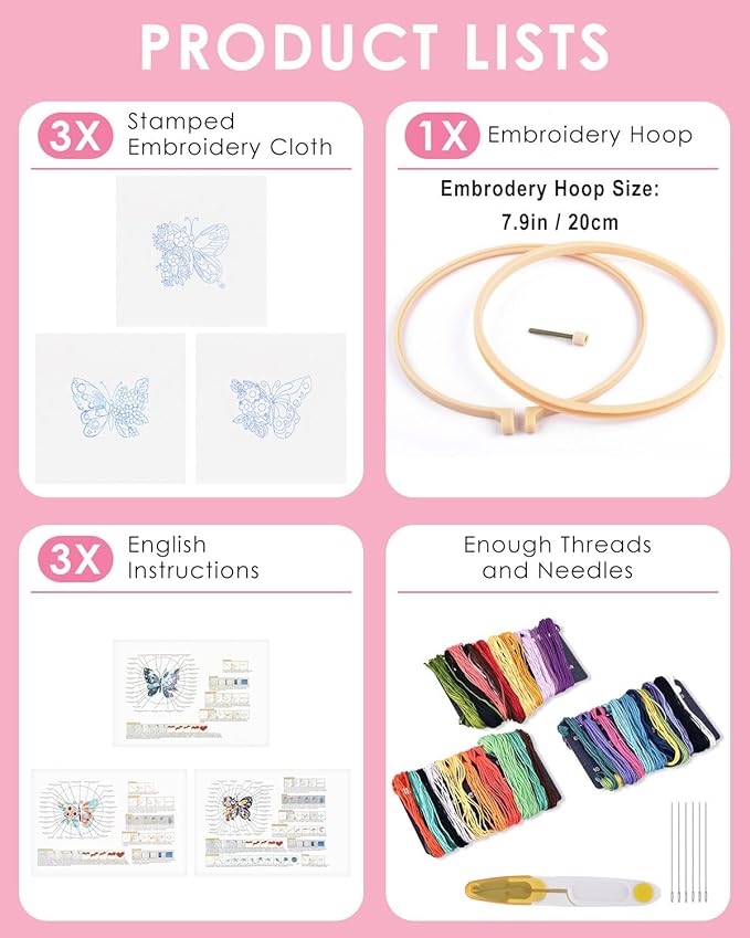 TINDTOP 3 Sets Embroidery Stitch Practice kit, Butterfly Flower Embroidery Kit for Beginners Include Cloth Hoops Threads for Craft Lover Hand Stitch with Embroidery Skill Techniques