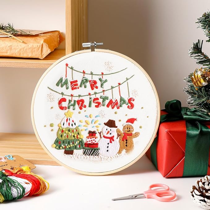 christmas embroidery kits: 1 pack cross stitch kit for beginners adults, diy ornaments craft kit with all tools & instructions, stamped hand embroidery starter kit for holiday crafts & xmas home decor