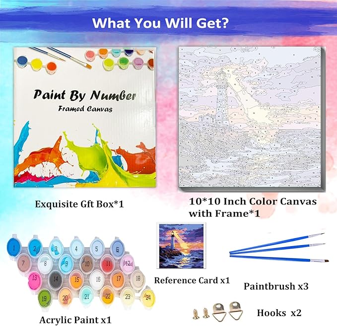 JUJUHOOD Sunset Lighthous Framed Paint by Numbers Kit for Adults Beginner & Kids Ages 8-12,Seaside Paint by Number Without Easel,Paint by Numbers for Gift Home Wall Decor (10x10Inch)