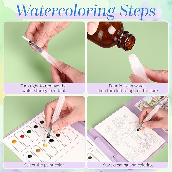 Dunzoom 32 Sheets Watercolor Coloring Book 2 Pack Water Color Workbook Paper Paint Set with 12 Colors Paint Cakes and Brushes for Adults Beginners Art Painting Supplies(Quiet Time&House)