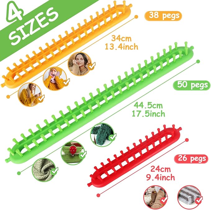 Katech 3 pcs Rectangle Knitting Looms Kit Sparse Pegs Loom Knitter Different Sizes Colorful Plastic Weaving Looms Set DIY Yarn Weaving Kits with a Crochet Hook and Needle (Color is Random)