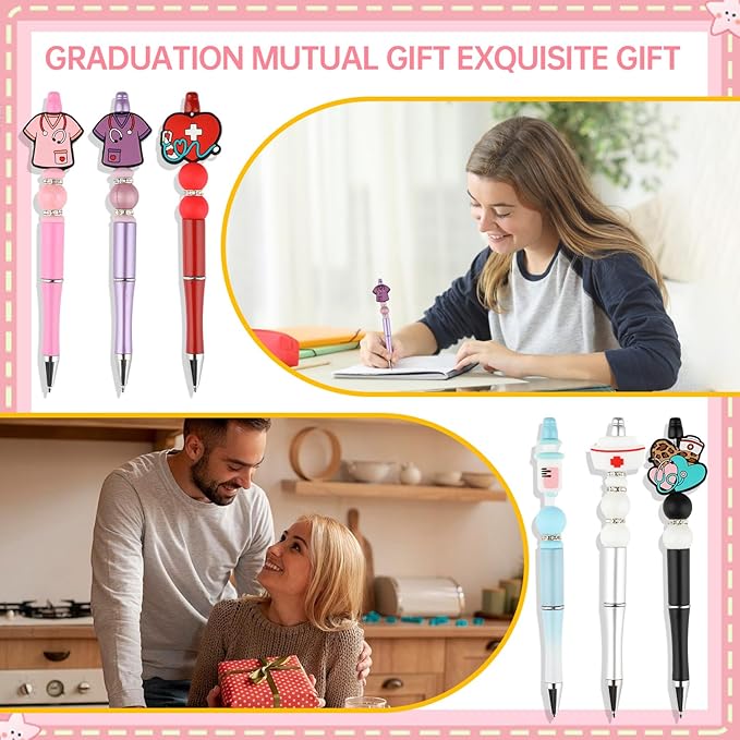 12 Set Hospital Theme Plastic Beadable Pens DIY Set, Assorted Bead Pens Crystal Round Spacer Pendant Set Black Ink DIY Ballpoint for Teachers, Women Men Gift Office Supplies