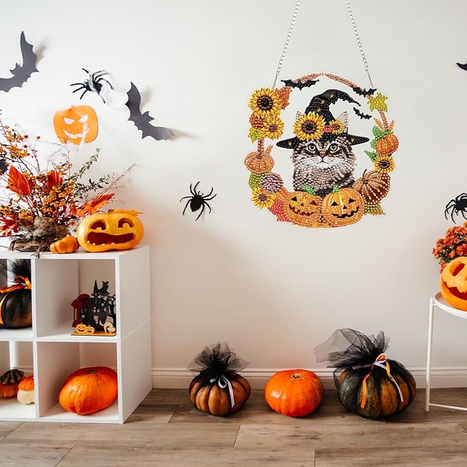 CEOVR Halloween Diamond Painting Hanging Ornament, Cat Pumpkin 5D Special Shape Diamond Art, Crafts for Adults DIY Fall Gem Art, Acrylic Home Garden Window Wall Decor with Chain, Box Kit, 7.57×7.61in