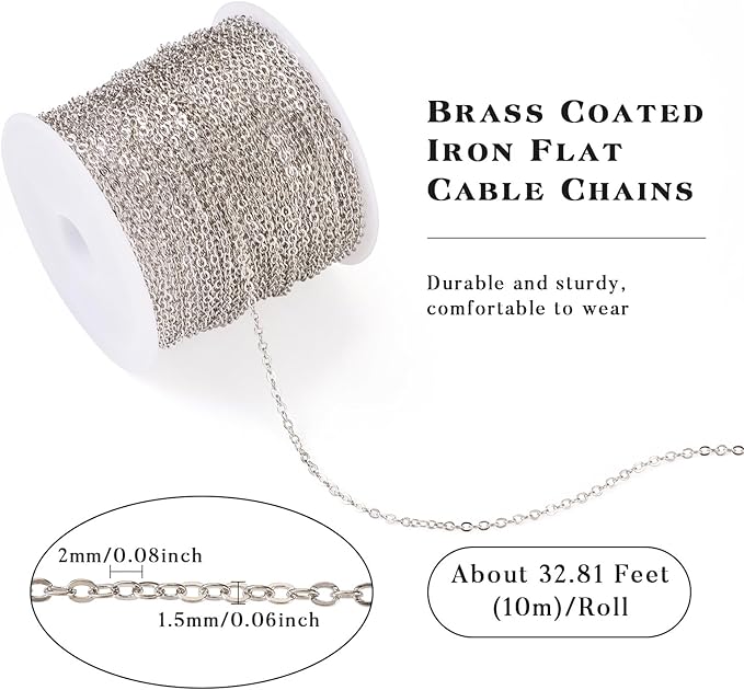 Sparkeads 32.8 Feet 10M Platinum Chains Iron Flat Oval Cable Chains Metal Link Chains Soldered with Spool Bulk for Jewelry Craft Necklace Lanyard Bracelet DIY Women Earring Valentine