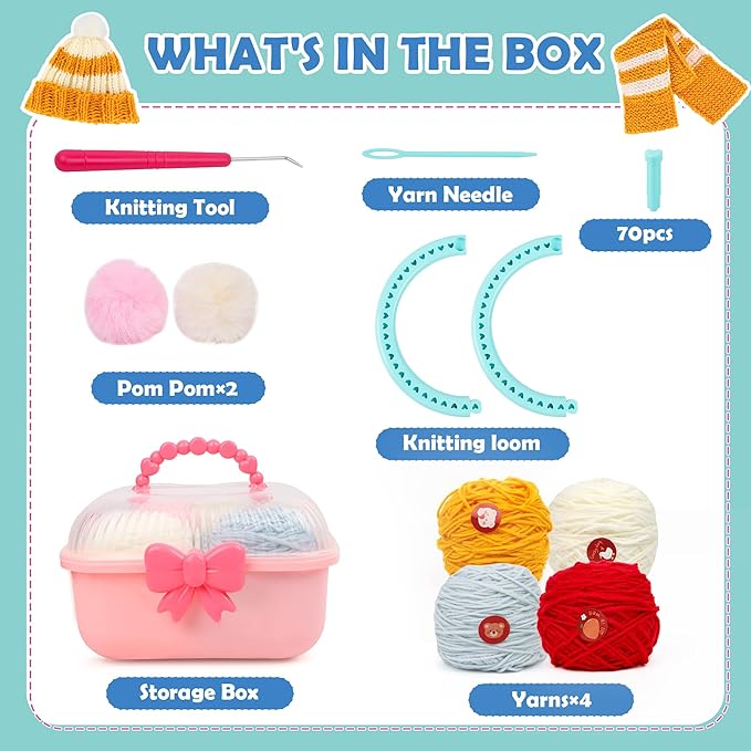 DPAPDI Knitting Loom Kit for Beginners, Creative Craft Toy for Girls Ages 7 8 9 10 11 12 with Storage Boxes Yarns Knitting Tools, Fantastic DIY Gifts Knit Hat Scarf