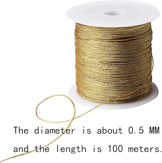 Pengxiaomei 218 Yards/656 Feet Metallic Cord Gold Twine, 2 Spool Gold Thread String for Bracelet Making Jewelry Making Thread Gold Craft String Tinsel String Craft Making Cord(0.5mm)