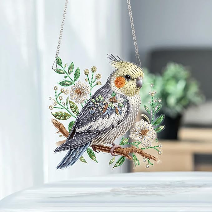 AiYuanzsh Diamond Art Suncatcher Hanging Kit Parrot with Flowers, Special Shaped Diamond Painting Ornament for Adults, Colorful DIY Window & Wall Decoration, Crystal Diamond Art Kit
