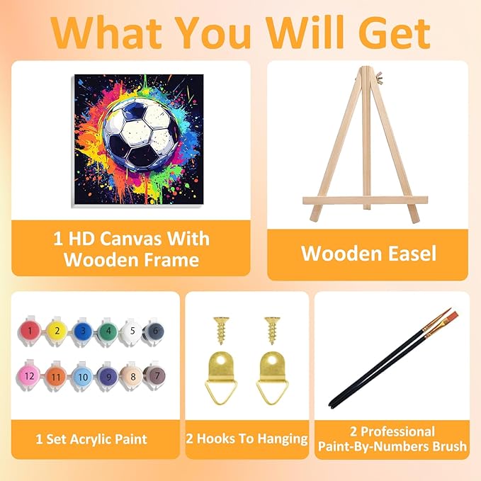Paint by Numbers Kit for Kids with Frame, Soccer Paint by Numbers for Kids Ages 4-8-12, DIY Soccer Acrylic Oil Painting for Home Wall Art Decor Gift 7.8x7.8 inch (with Frame Easel)