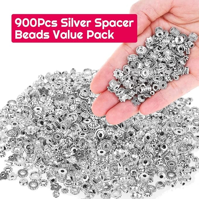 Cridoz Metal Spacer Beads for Making Bracelet, Necklace, Jewelry Making and Findings Accessories, 900Pcs, Silver