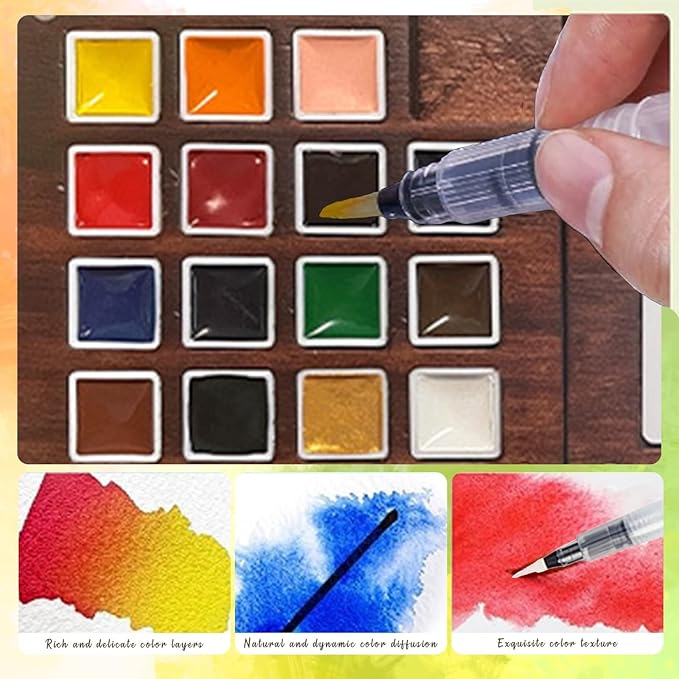 Mini Paint Palette Travel Kit - Mini Travel Watercolor Palette Set, Pocket Artist Water Color Travel Set with Colours, Binder Clips, Watercolor Pens, Wooden Paint Box for Painters Artists Students