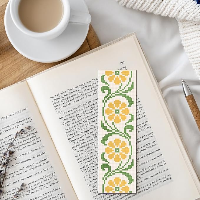 FREEBLOSS 6 PCS Cross Stitch Bookmark Kits for Beginner Stamped Cross Stitch Kit DIY Embroidery Bookmark Kit with Instructions, Flower and Leaves Pattern 8" x 2.4"