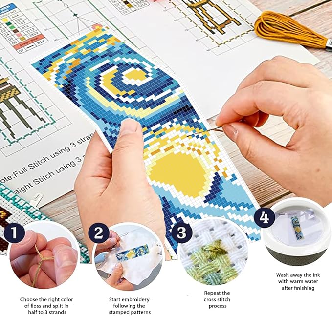 FREEBLOSS 6 Set 11CT Cross Stitch Bookmarks Kit Starry Sky Stamped Cross Stitch Kit DIY Embroidery Bookmark Set with Instruction for Adults Beginners Gift for Reading Enthusiasts 20x6cm/8x2.4inch