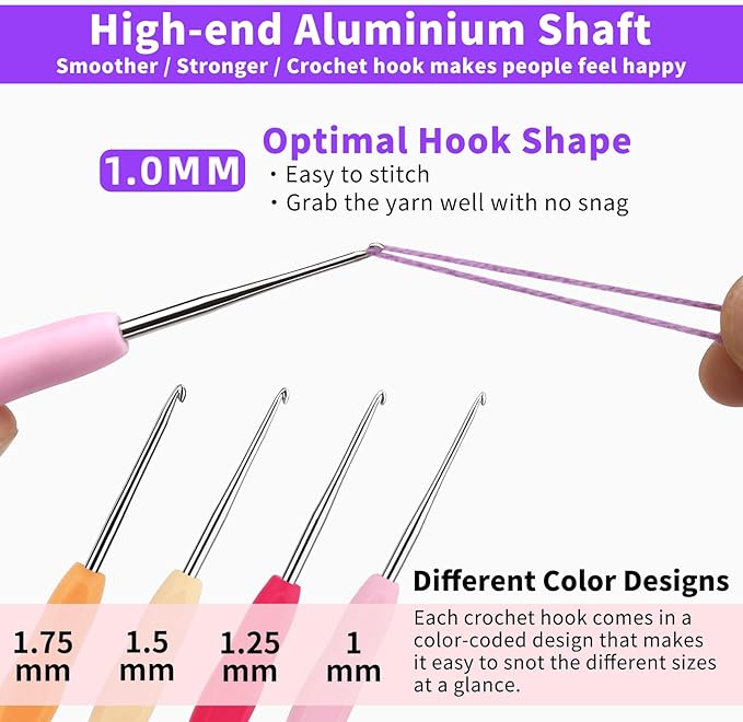 Iuuidu 4PCS Crochet Hooks, Small Size Crochet Hooks for Arthritic Hands 4Size, 1.0mm, 1.25mm, 1.5mm, 1.75mm Crochet Needles for Beginners, Smooth Knitting Needles for Handmade DIY