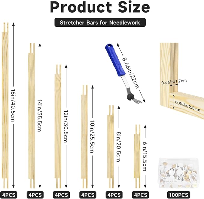 BALLMENT 24 Pcs 6 Sizes Stretcher Bars Kit with 100 Tacks & Tool, Build Frames to 16x20, for Needlepoint, Canvas, Embroidery, Cross Stitch, Tapestry