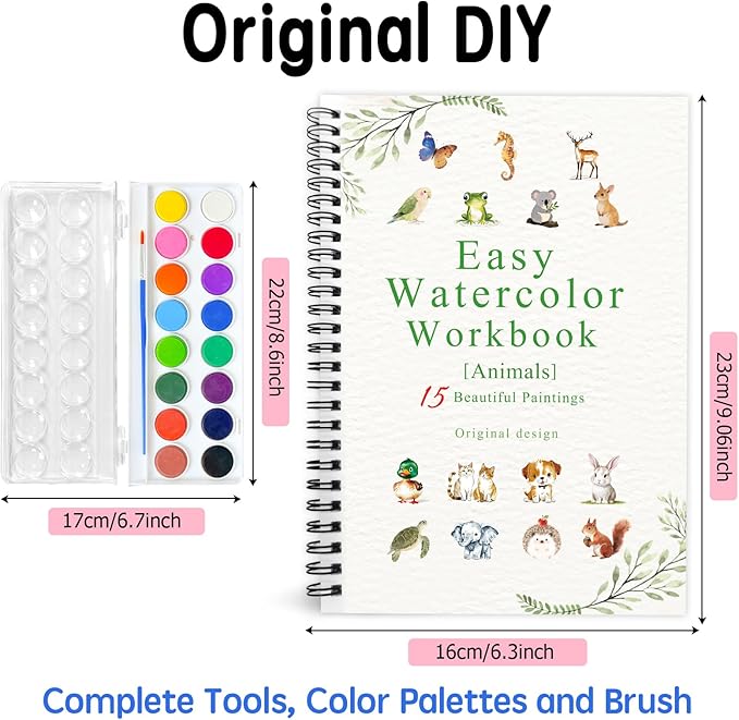 SLWBZ Watercolor Workbook Animals, 15 Different Patterns of Original DIY Designs, 16 Color Watercolor Paint Plates with Palette and Brush, Beginner-Friendly Watercolor Workbooks, Animals