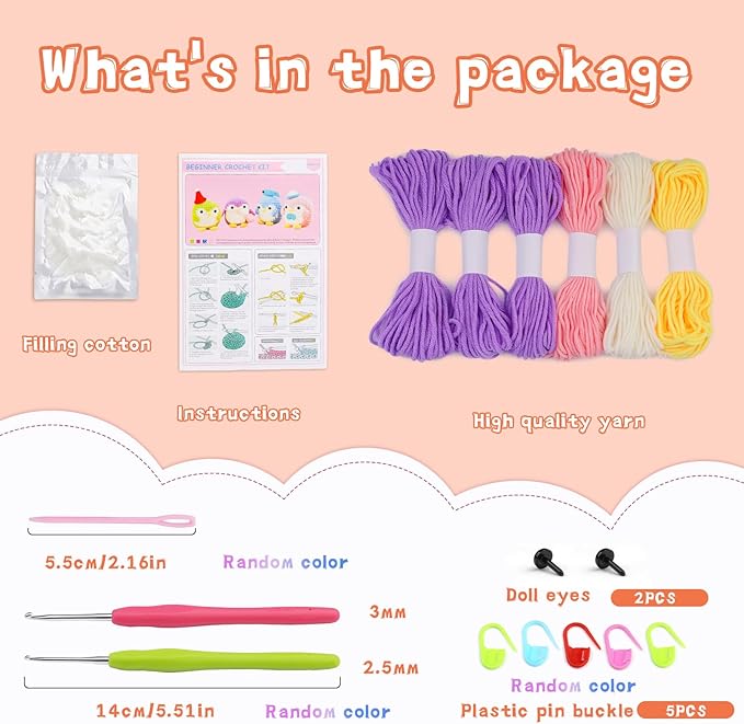 IMZAY Crochet Kit for Beginners, Beginner Animal Kit, Cute Starter with Video Tutorial, Hooks, Colored Yarns, Stitch Marker Complete Set to Make Purple Penguin