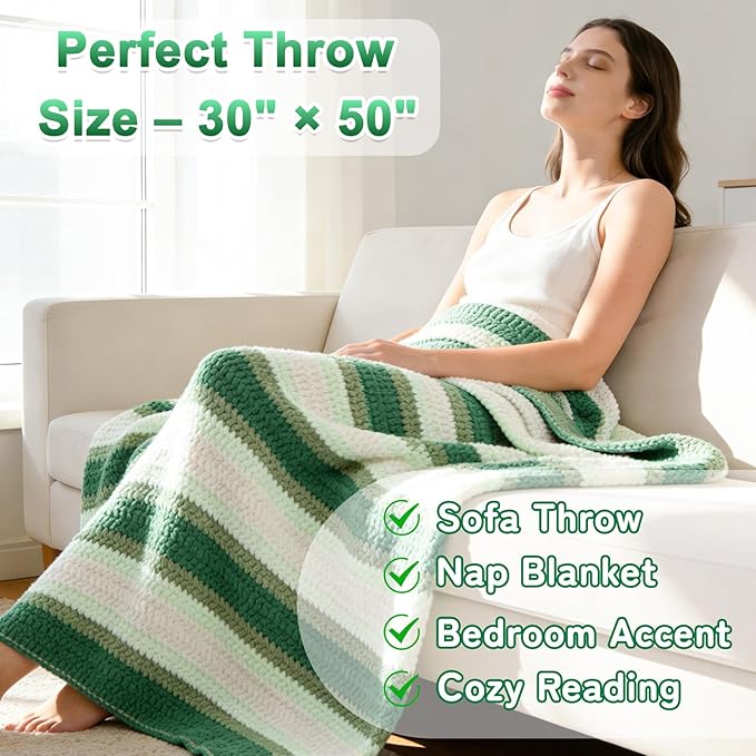 Reessy Crochet Blanket Kit for Beginners Adults – Gradient Green Ombre Throw Blanket Kit with Soft Chenille Yarn, Hooks & Instructions – Handmade Crochet Starter Set for Adults