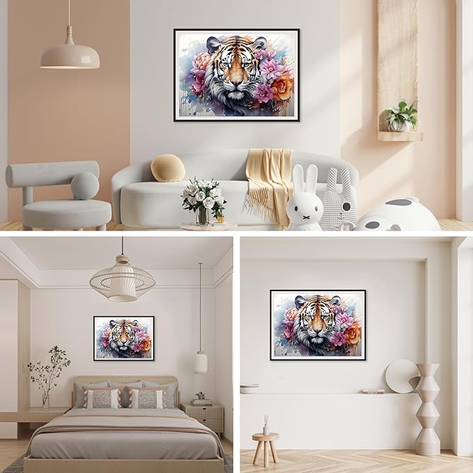 SENQAO Tiger Diamond Painting Kits for Adults, Animal Flower DIY 5D Diamond Art Kits Full Drill Diamond Dots Paintings with Diamonds Gem Art and Crafts Home Decor 12x16inch