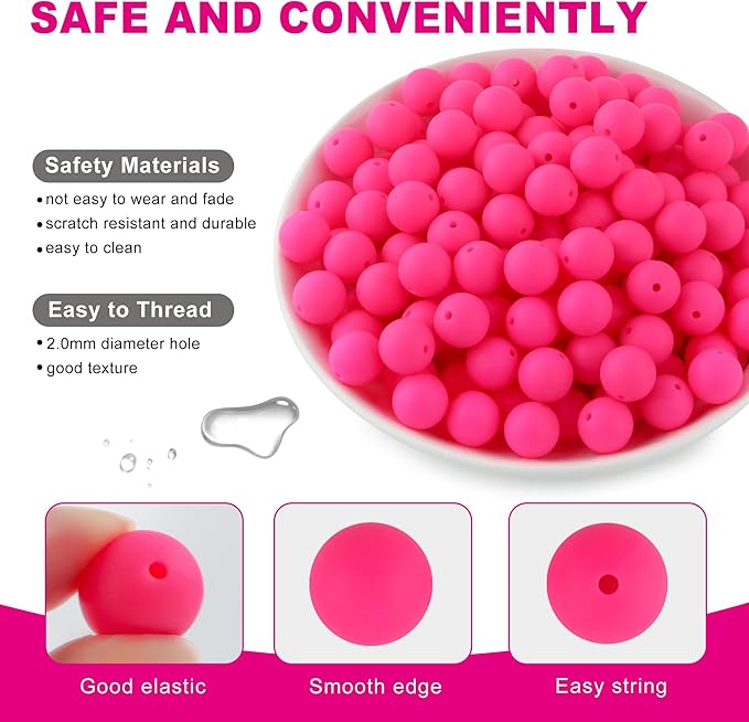 150Pcs 15mm Silicone Beads for Keychain Making Bracelet Necklace, Bulk Round Silicone Beads for Pens（Hot Pink）