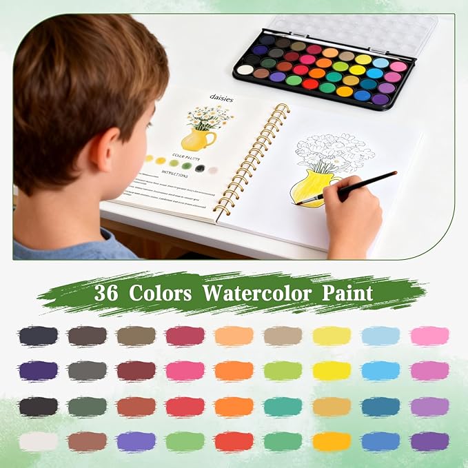 Watercolor Workbook，36 Colors Water Coloring Book Paint Set for Adults,12 Different Patterns of Original DIY Designs, Beginner-Friendly Watercolor Workbooks with Palette and Brush (Flower)