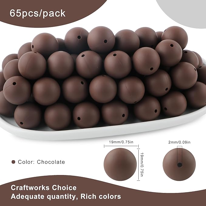 65Pcs 19mm Silicone Beads for Keychain Making Bracelet Necklace, Bulk Round Silicone Beads for Pens（Chocolate）