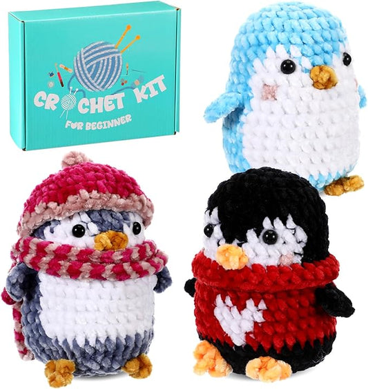 XunYee 3 Pcs Little Penguins Crochet Kit DIY Amigurumi Set Chenille Yarn Crochet Kit for Beginners with Complete Tools Step-by-Step Pattern Craft Gift for Adults