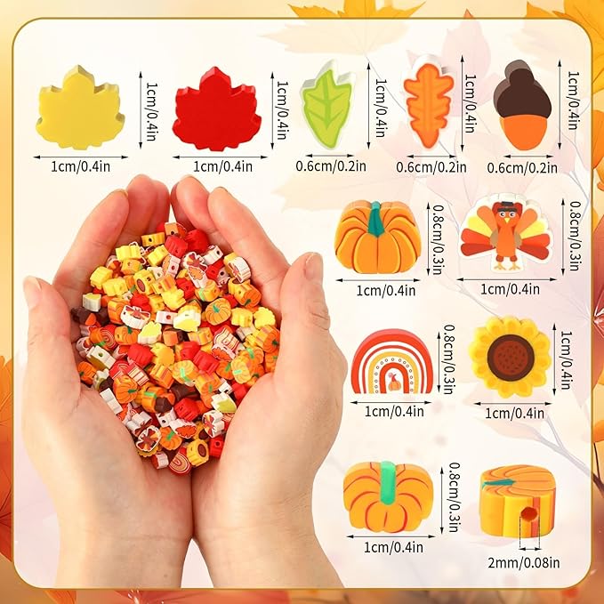 Augshy 300Pcs Fall Clay Beads,Thanksgiving Autumn Polymer Clay Beads for Jewelry Making Fall Colored Bracelet Making Kit Maple Leaves Pumpkin Pine Cone Turkey Bead for Bracelets Necklaces Earrings