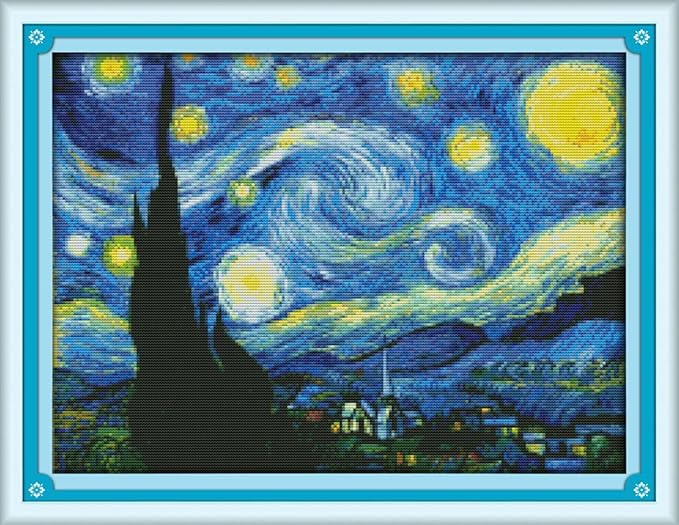 Funcrostitch Counted Cross Stitch Kits for Beginners,14ct Unprinted Pattern Embroidery Kit Dmc Cotton Threads Needleworks for Adults-The Starry Night of Van Gogh 18.1"×13.8"
