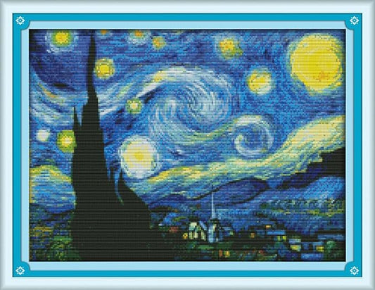 Funcrostitch Counted Cross Stitch Kits for Beginners,14ct Unprinted Pattern Embroidery Kit Dmc Cotton Threads Needleworks for Adults-The Starry Night of Van Gogh 18.1"×13.8"