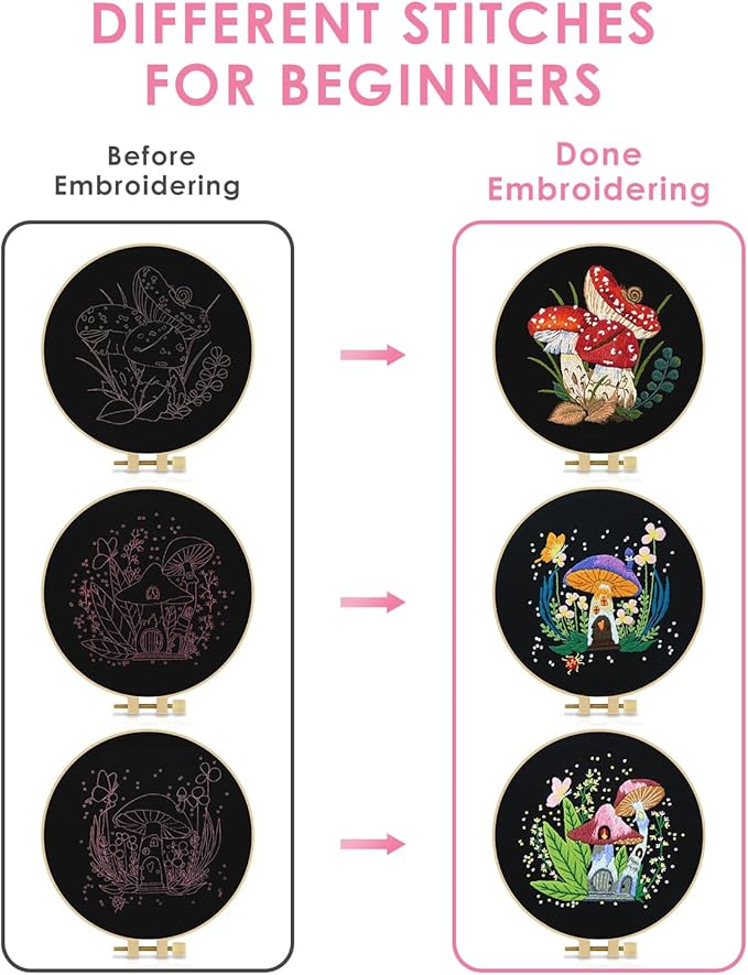 TINDTOP Embroidery Kit for Adult Beginners, Mushroom Embroidery Stitch Practice kit Include Embroidery Cloth Hoops Threads for Craft Lover Hand Stitch