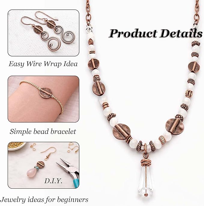 Copper Smooth Flat Bead Jewelry 52Pcs Spacer Beads Kit Jewelry Findings Beading Assortment DIY Accessories for Bracelet Necklace Jewelry Making 14mm