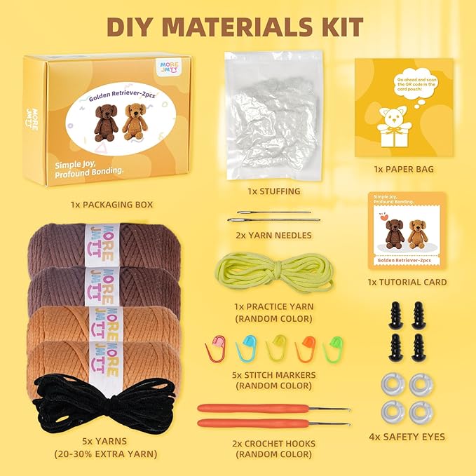 MOREJMTT Crochet Kit for Beginners, Knitting Kits,Crochet Animal Kits,Crocheting Kit for Starters with Step-by-Step Video Tutorials, Beginner Crochet Kits for Adults(2 Pack Golden Retriever)