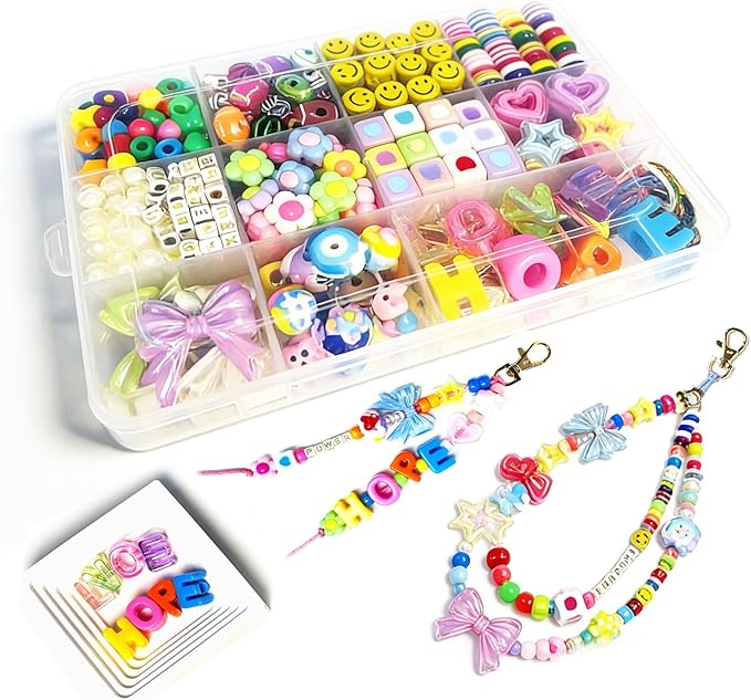 ROPIKIS DIY Bead Keychain Making Kit, 440 PCS Craft Supplies with 6 Keychains, Acrylic Beads Football Rugby Heart Star Flower Letter Alphabet for Custom Key Chain Bag Charm Gift for Girls Women