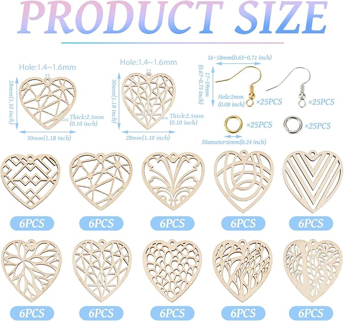 Elecrelive 60pcs Wooden Heart Charms Wooden Earring Blanks Filigree Heart Charms for Valentine's Day DIY Earring Necklace Jewelry Making