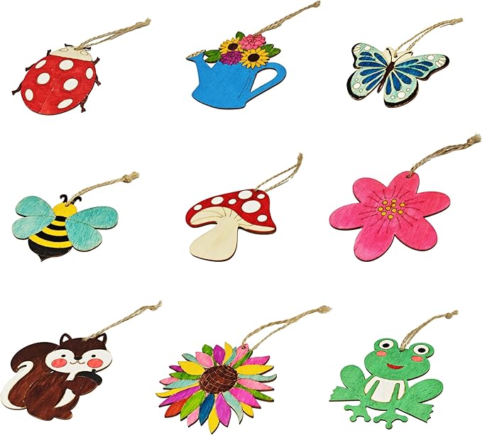 45 Pcs Wooden Spring Ornaments to Paint, DIY Unfinished Wood Slices Flower Cutouts Butterfly Ornament for Art Crafts with 9 Styles, DIY Wooden Ornaments Hanging Decorations Kit
