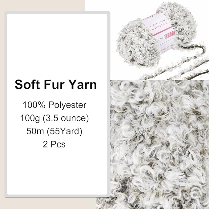 MECCANIXITY 2 Skeins Eyelash Yarn Polyester Yarn Fur Soft Fluffy Chunky Yarn Fuzzy Eyelash Yarn Pale Gray for Crocheting Knit DIY Clothes Bag - 55Yard/50m, 3.32ozx2