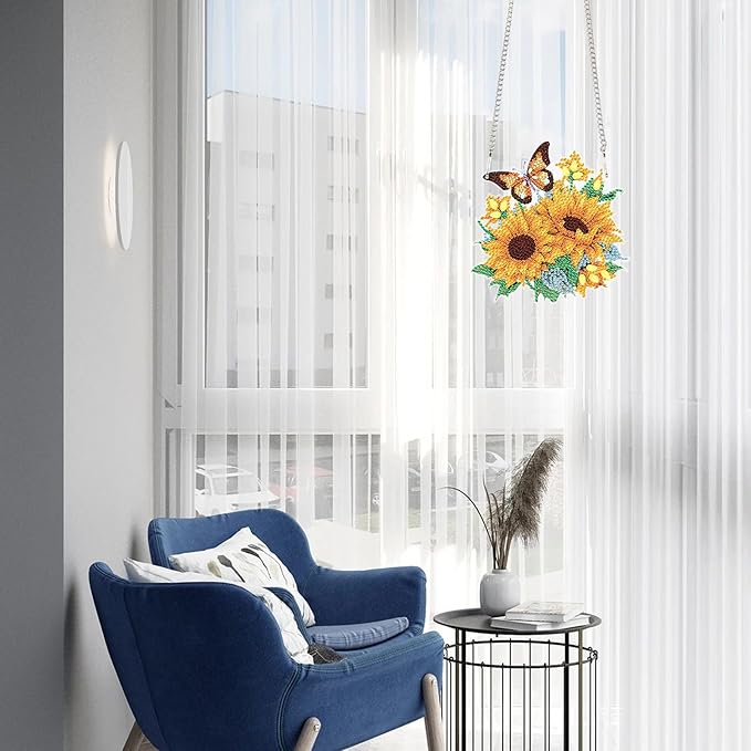 AiYuanzsh Sunflower Butterfly Diamond Painting Hanging Ornament Kit – DIY 5D Crystal Art Suncatcher for Home Wall Window Decoration, Handmade Craft Gift for Adults
