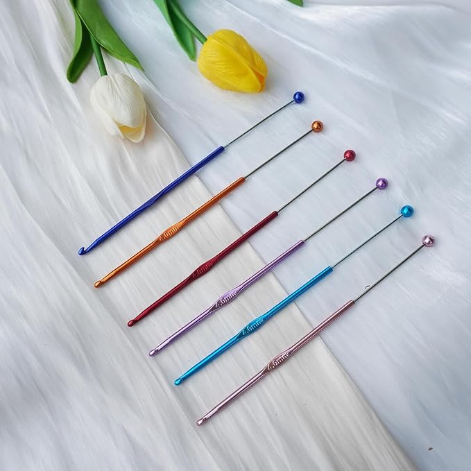 18 Pack DIY Beadable Crochet Hooks Knitting Needles Set Aluminum Handle for Focal Beads Colors (Blue Purple Red Orange Pink Light Blue, 4-6 mm)