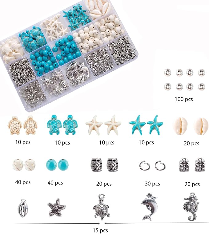 325Pcs Turquoise Sea Turtle Beads Blue and White Starfish Beads Tortoise Turtle Charms Summer Ocean Animal Spacer Bead Shell Bead for Jewelry Making DIY Bracelet Necklace Supplies(Box)