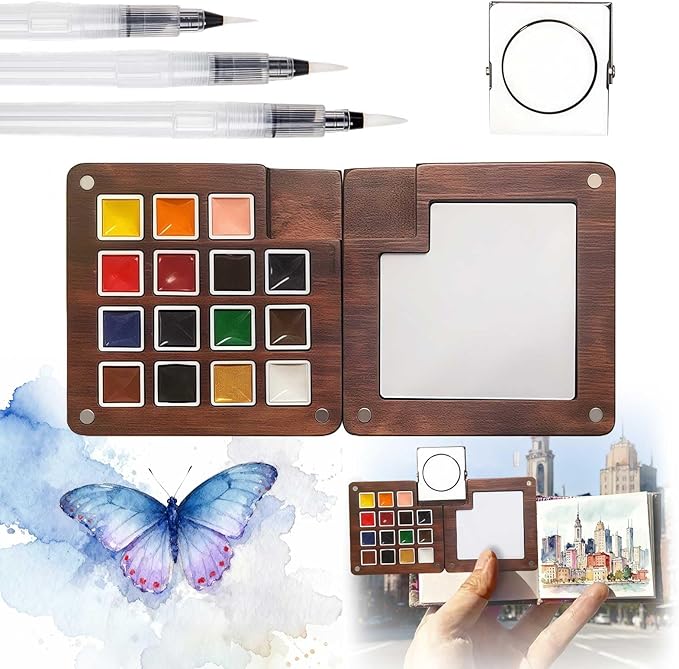Esoes Mini Watercolor Travel Set - 15 Color Updated Wooden Water Color Paint Set, Portable Pocket Artist Painting Kit With Colors for Painters Artists Students