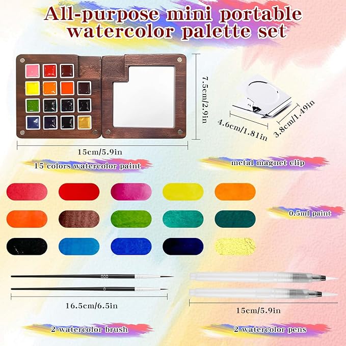 Mini Watercolor Paint Set - 15 Color Travel Watercolor Palette Set - Portable Water Color Paint Set with Binder Clips, Watercolor Brush Pens, Wooden Box for Beginners Painters Artists Student