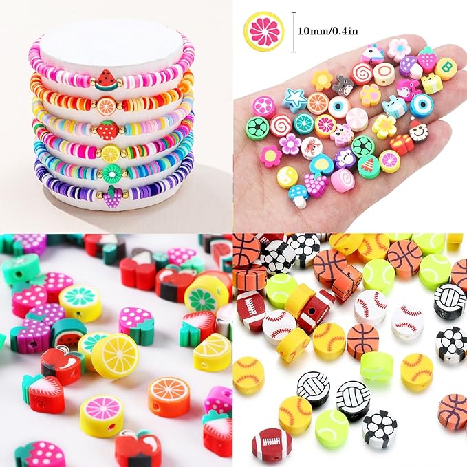 1000PCS Polymer Clay Beads Bracelet Making kit, 24 Style Cute Fun Beads Sports Ball Volleyball Softball Baseball Basketball Soccer Rugby Football Charms for Jewelry Making DIY for Women Girls