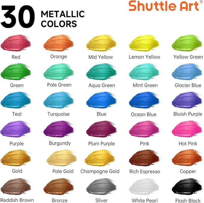 Shuttle Art 30 Colors Metallic Acrylic Paint, Artist Grade Metallic Paint in Bottles (60ml, 2oz), Rich Pigmented, High Viscosity, Non-Toxic for Artists, Beginners on Rocks Crafts Canvas Wood Fabric