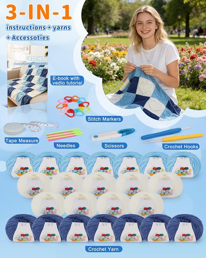 Coopay Crochet Blanket Kit for Beginners - 3D Love Granny Square Crochet Kit with Step-by-Step Video & Enough Yarns, Easy Bobble Blanket Crochet Kits for Adults, Ideal Gift for Craft Lovers (Blue)