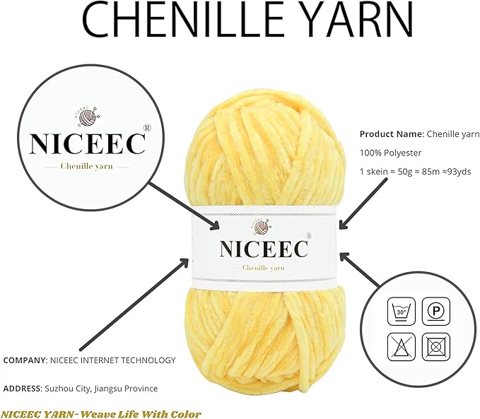 NICEEC 3 Skeins Soft Chenille Yarn Blanket Yarn for Knitting Fancy Yarn for Crochet Weaving DIY Craft Total Length 3×85m (3×93yds, 3×50g)_Yellow